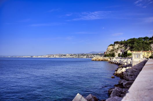 The coastline on the Mediterranean Sea at Nice, France along the French Riviera.