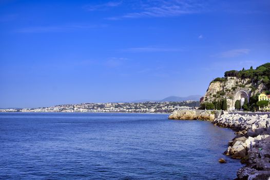 The coastline on the Mediterranean Sea at Nice, France along the French Riviera.