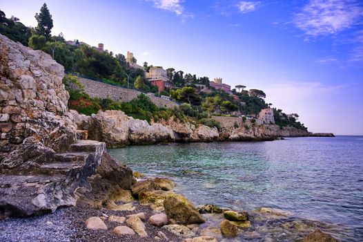 The coastline on the Mediterranean Sea at Nice, France along the French Riviera.