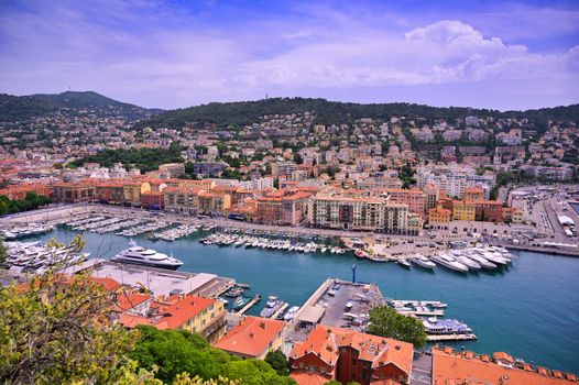 An aerial view of the Port of Nice on the Mediterranean Sea at Nice, France along the French Riviera.