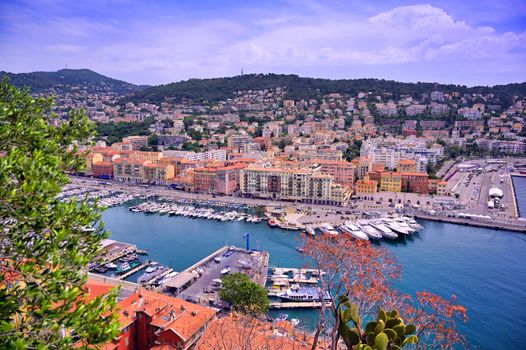 An aerial view of the Port of Nice on the Mediterranean Sea at Nice, France along the French Riviera.