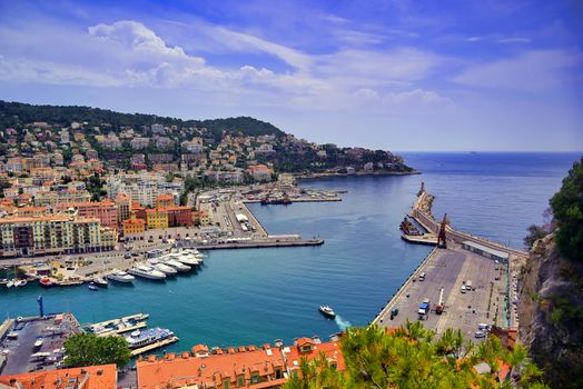 The lighthouse at the Port of Nice on the Mediterranean Sea at Nice, France along the French Riviera.