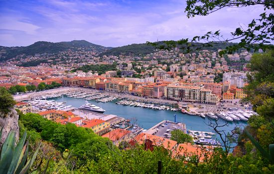 An aerial view of the Port of Nice on the Mediterranean Sea at Nice, France along the French Riviera.