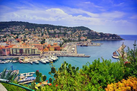 An aerial view of the Port of Nice on the Mediterranean Sea at Nice, France along the French Riviera.