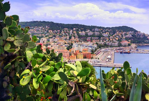 An aerial view of the Port of Nice on the Mediterranean Sea at Nice, France along the French Riviera.