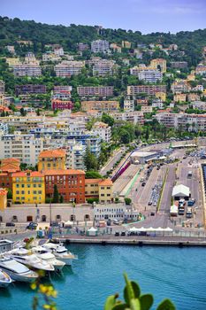 An aerial view of the Port of Nice on the Mediterranean Sea at Nice, France along the French Riviera.