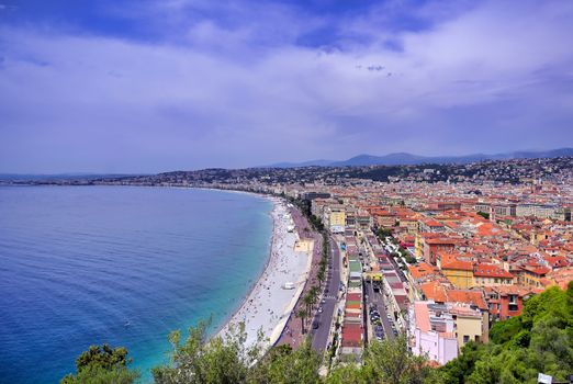 The Promenade des Anglais on the Mediterranean Sea at Nice, France along the French Riviera.