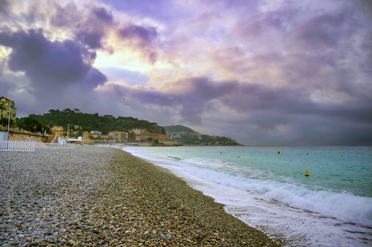 The Promenade des Anglais on the Mediterranean Sea at Nice, France along the French Riviera.