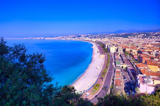 The Promenade des Anglais on the Mediterranean Sea at Nice, France along the French Riviera.