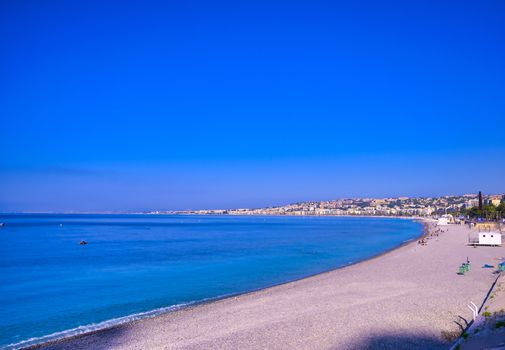 The Promenade des Anglais on the Mediterranean Sea at Nice, France along the French Riviera.