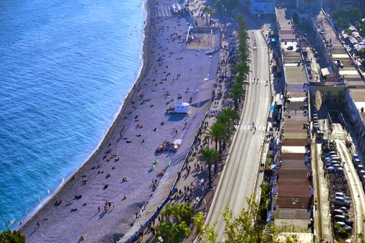 The Promenade des Anglais on the Mediterranean Sea at Nice, France along the French Riviera.