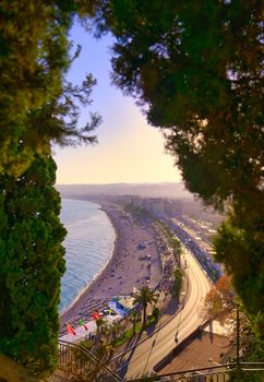 The Promenade des Anglais on the Mediterranean Sea at Nice, France along the French Riviera.