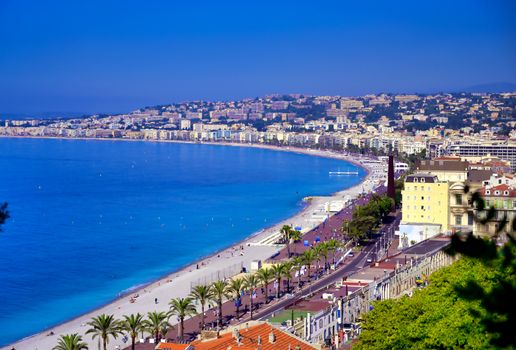 The Promenade des Anglais on the Mediterranean Sea at Nice, France along the French Riviera.