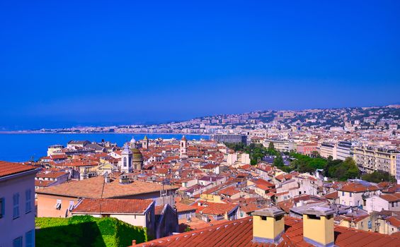 An aerial view of Nice, France along the French Riviera.