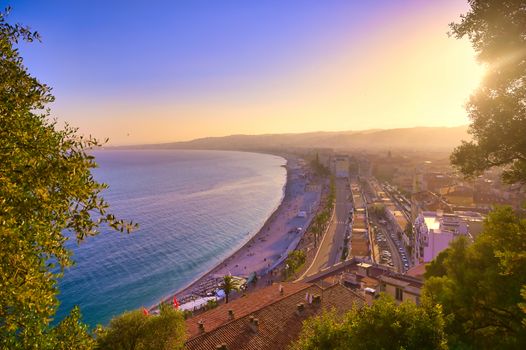 The Promenade des Anglais on the Mediterranean Sea at Nice, France along the French Riviera.