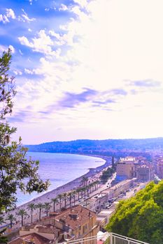 The Promenade des Anglais on the Mediterranean Sea at Nice, France along the French Riviera.