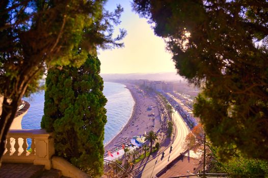 The Promenade des Anglais on the Mediterranean Sea at Nice, France along the French Riviera.