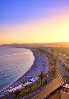 The Promenade des Anglais on the Mediterranean Sea at Nice, France along the French Riviera.