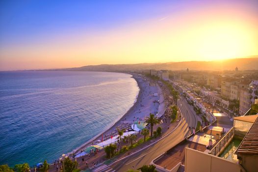 The Promenade des Anglais on the Mediterranean Sea at Nice, France along the French Riviera.