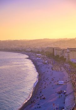 The Promenade des Anglais on the Mediterranean Sea at Nice, France along the French Riviera.