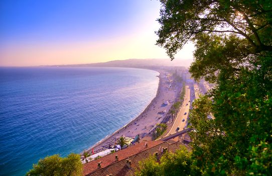 The Promenade des Anglais on the Mediterranean Sea at Nice, France along the French Riviera.