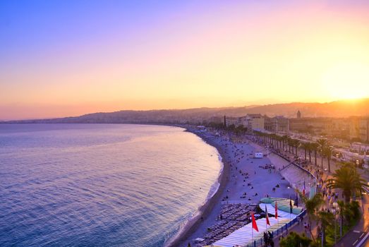 The Promenade des Anglais on the Mediterranean Sea at Nice, France along the French Riviera.