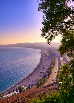 The Promenade des Anglais on the Mediterranean Sea at Nice, France along the French Riviera.