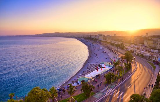 The Promenade des Anglais on the Mediterranean Sea at Nice, France along the French Riviera.