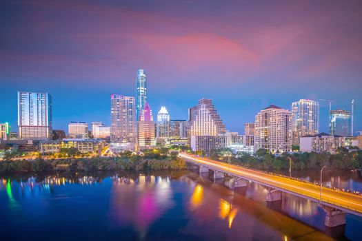 Downtown Skyline of Austin, Texas in USA from top view at sunset