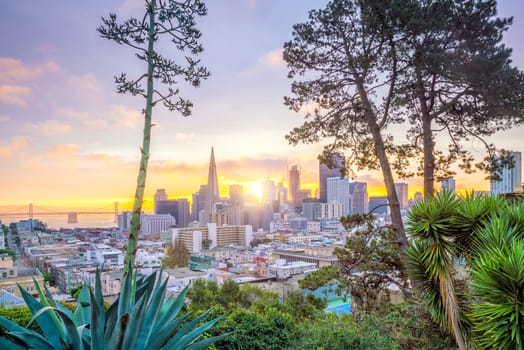 Beautiful view of business center in downtown San Francisco in USA at twilight