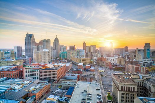 Aerial view of downtown Detroit at sunset in Michigan, USA