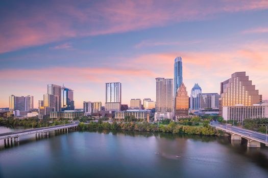 Downtown Skyline of Austin, Texas in USA from top view at sunset