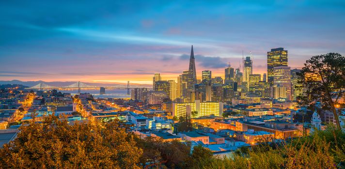 Beautiful view of business center in downtown San Francisco in USA at twilight