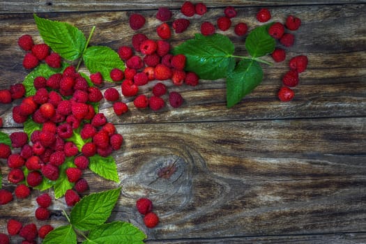 Fresh raspberries background close-up photo. Fresh raspberries on a rustic wooden table. Selective focus.