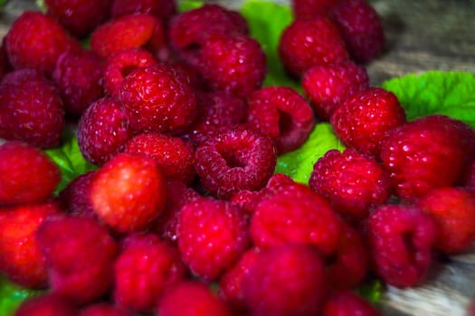 Fresh raspberries background close-up photo. Fresh raspberries on a rustic wooden table. Selective focus. Top view.