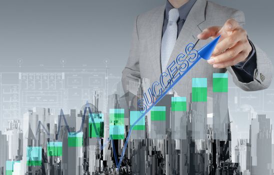 businessman hand drawing a pie chart and 3d graph