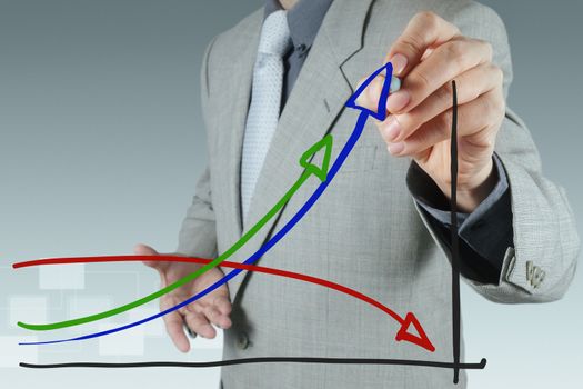 businessman hand drawing a pie chart and 3d graph