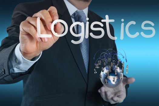 businessman hand shows logistics diagram as concept