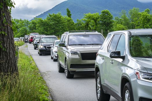 Horizontal shot of heavy summer traffic in the Smoky Mountains.