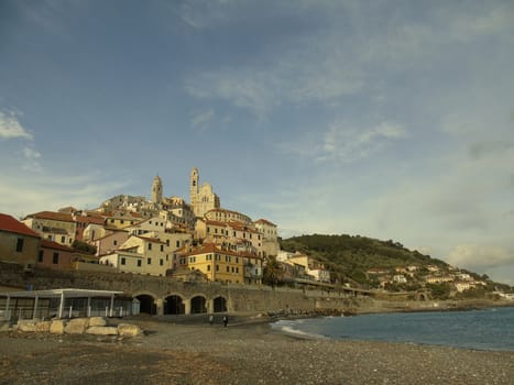 Cervo Ligure, Italy - 06/15/2020: Travelling around the Riviera Ligure in summer days. Beautiful photography of the small vilagges near the sea with typical old buildings.