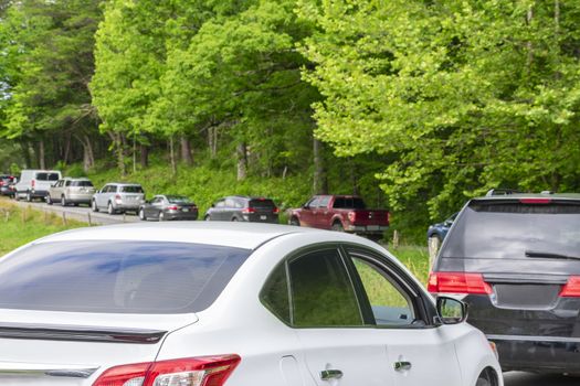 Horizontal shot of a Smoky Mountains summer traffic jam.