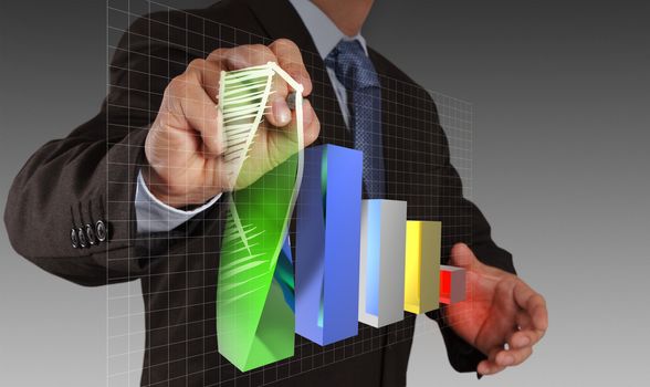 businessman hand drawing a pie chart and 3d graph