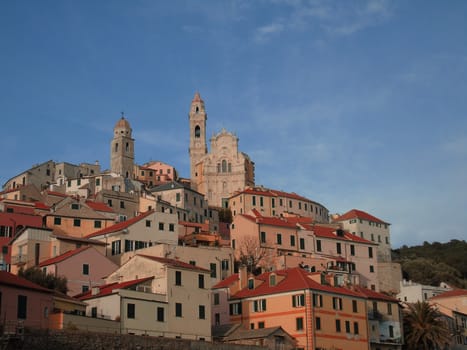 Cervo Ligure, Italy - 06/15/2020: Travelling around the Riviera Ligure in summer days. Beautiful photography of the small vilagges near the sea with typical old buildings.