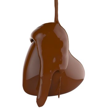 close up chocolate syrup leaking over heart shape symbol on white background