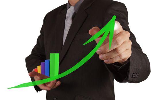 businessman hand drawing a pie chart and 3d graph