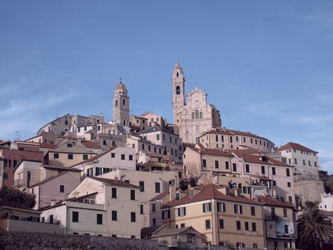 Cervo Ligure, Italy - 06/15/2020: Travelling around the Riviera Ligure in summer days. Beautiful photography of the small vilagges near the sea with typical old buildings.