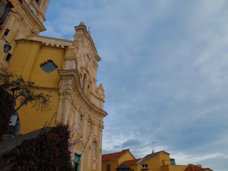 Cervo Ligure, Italy - 06/15/2020: Travelling around the Riviera Ligure in summer days. Beautiful photography of the small vilagges near the sea with typical old buildings.