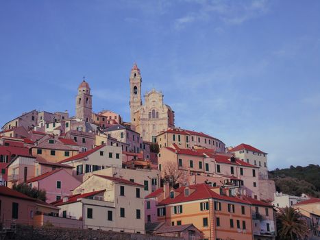 Cervo Ligure, Italy - 06/15/2020: Travelling around the Riviera Ligure in summer days. Beautiful photography of the small vilagges near the sea with typical old buildings.