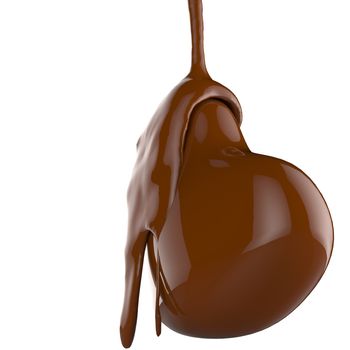 close up chocolate syrup leaking over heart shape symbol on white background