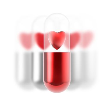 red heart pill inside capsule on white